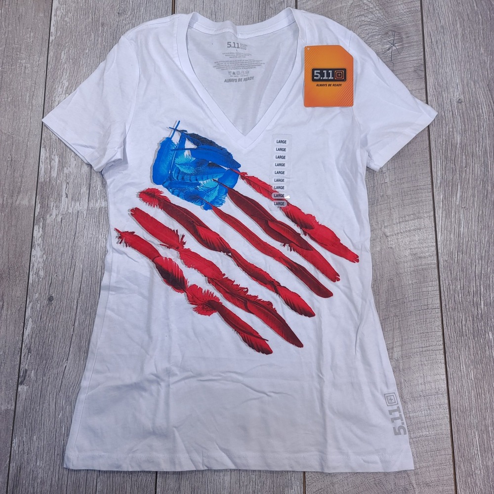 5.11 Tactical Feather Flag Tee Women Large White V-Neck Graphic T-Shirt 31004AT